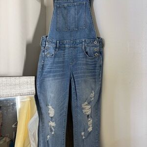 Arizona Jean Company Blue Distressed Denim Overalls